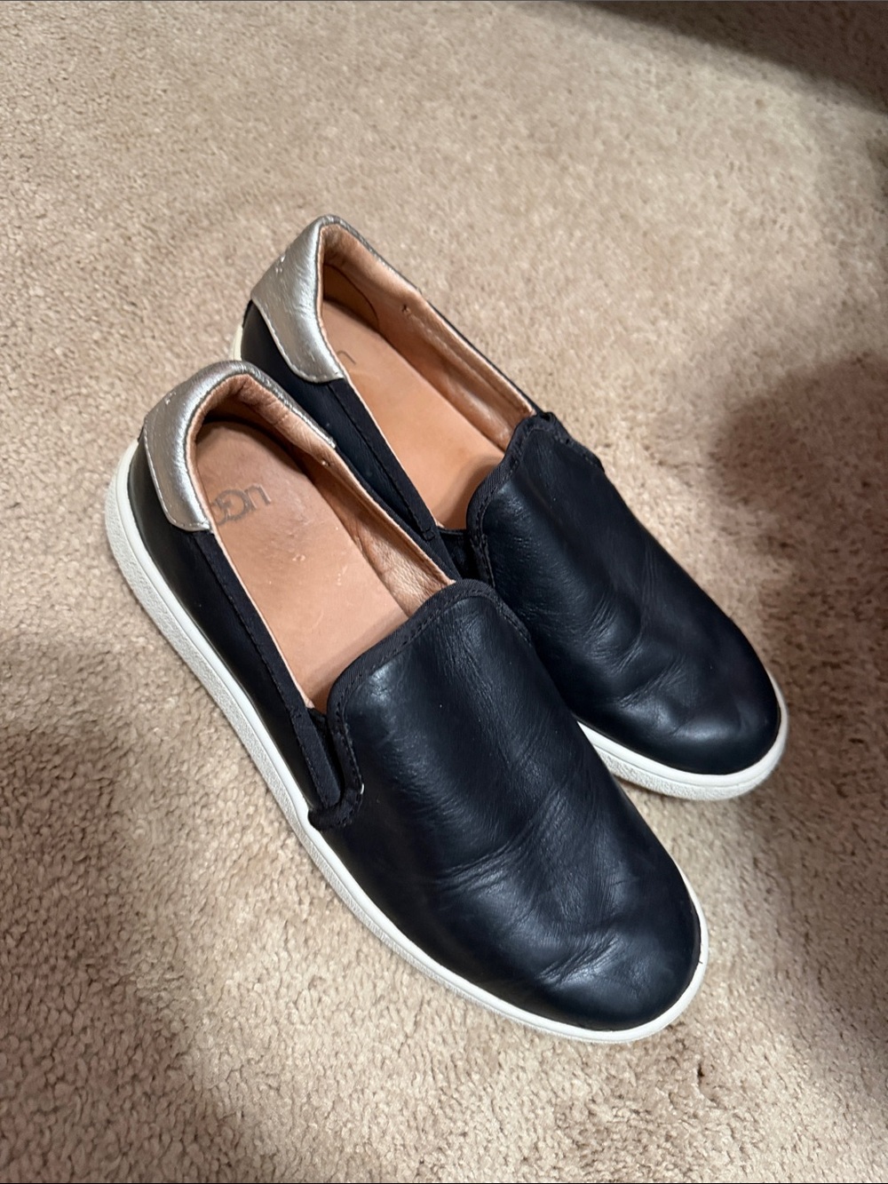 UGG Black Leather Slip-On Mules with Silver Heel Collar